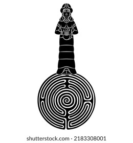 Mesopotamian goddess holding water jar standing on a round spiral maze or labyrinth symbol. Creative mythological feminist concept. Inanna or Ishtar. Black and white silhouette.