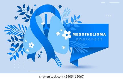 Mesothelioma awareness ribbon and paper banner. Lungs and flowers blue background. Health care