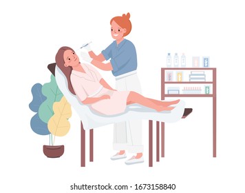 Mesotherapy flat color vector characters. Woman getting anti-aging injection. Beautician doing facial fillers. Cosmetology treatment. Beauty salon procedure isolated cartoon illustration