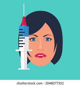 Mesotherapy icon. Beautiful female face and syringe. Vector illustration flat design. Isolated on white background. Woman face. Treatment skin.