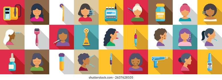  Mesotherapy icons set. Cosmetologist is using various tools and techniques for facial rejuvenation, improving skin health, and enhancing patients' appearance