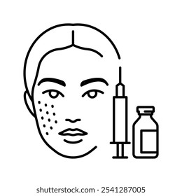 Icono de línea de mesoterapia. Cara de mujer, una Pequeña jeringuilla y un medicamento inyectable. Ilustración lineal, trazo editable. Pictograma minimalista para cosmetología, dermatología, antienvejecimiento