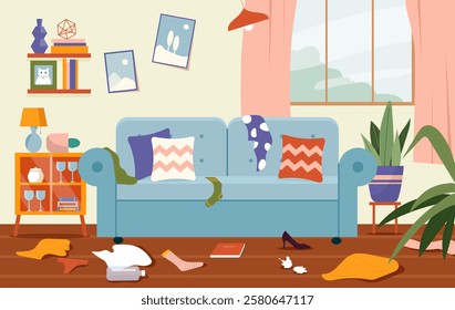 Mess in apartment. Dirty room with socks and books on floor. Clothes and bottles. Trash, garbage and waste. Untidy house. Crumpled and cluttered things. Flat vector illustration