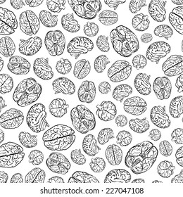 mess of brains from different sides, outline black icons isolated on white seamless pattern