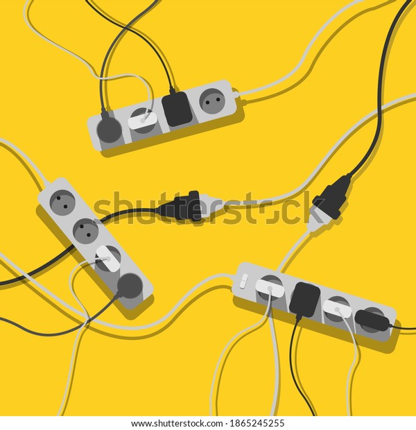 A mess of cables from several extension cords,\
electrical wires and chargers on a yellow background. Cable\
clutter. Cable management. 
