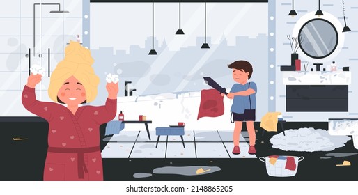 Mess And Chaos In Bathroom While Naughty Kids Play Vector Illustration. Cartoon Hyperactive Boy Holding Toy Sword, Child In Towel Playing With Soap Foam Background. Bad Childrens Behavior Concept