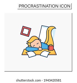 Mess color icon. Chaos in house. Laziness. Person sleep on desk. Procrastination concept. Isolated vector illustration