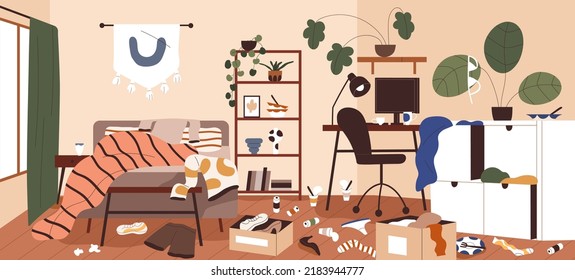 Mess and dirt in home room. Messy dirty interior. Chaos and disorder in apartment. Unclean untidy house panorama with clothes clutter, scattered stuff, garbage. Colored flat vector illustration