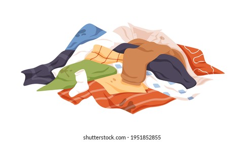 Mess Of Dirty Laundry. Pile Of Untidy Stained Clothes. Heap Of Soiled Spotted Underwear, Towels, T-shirts And Other Stinky Apparel. Colored Flat Vector Illustration Isolated On White Background