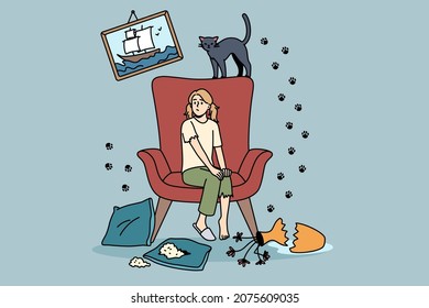 Mess and disorder from cat concept. Young frustrated girl sitting on armchair looking at broken vase and prints on wall from her cat vector illustration 