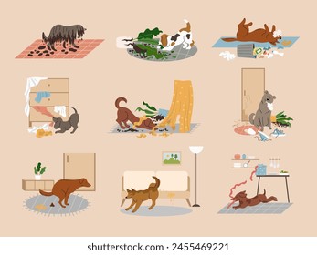 Mess dogs. Domestic animals with behavior interior destroying home furniture recent vector pets making mess