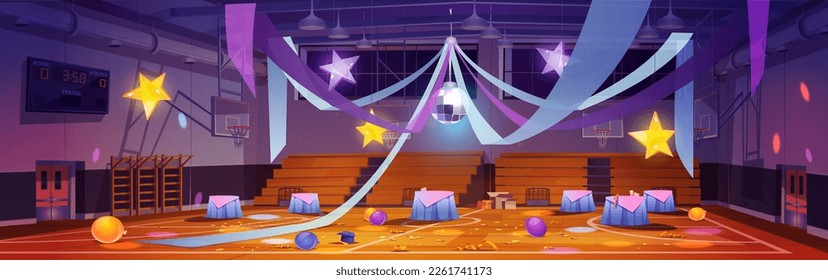 Mess in empty school gym after dance party. Vector cartoon illustration of chaos in sports hall after college prom or graduation ceremony. Disco ball, stars and ribbons decoration, confetti on floor