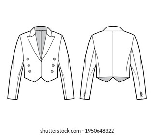 Mess eton jacket spencer technical fashion illustration with non-fastening double breast cut, long sleeves, crop waist length. Flat coat template front, back, white color style. Women, men CAD mockup
