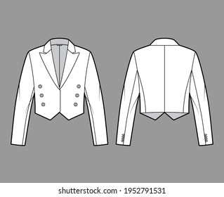 Mess eton jacket spencer technical fashion illustration with non-fastening double breast cut, long sleeves, crop waist length. Flat coat template front, back, white color style. Women, men CAD mockup