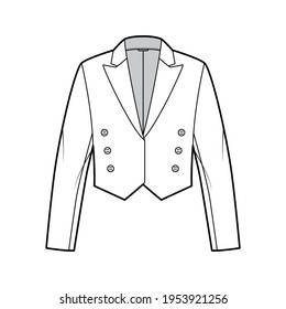 Mess eton jacket spencer technical fashion illustration with non-fastening double breast cut, long sleeves, crop waist length. Flat coat template front, white color style. Women, men top CAD mockup