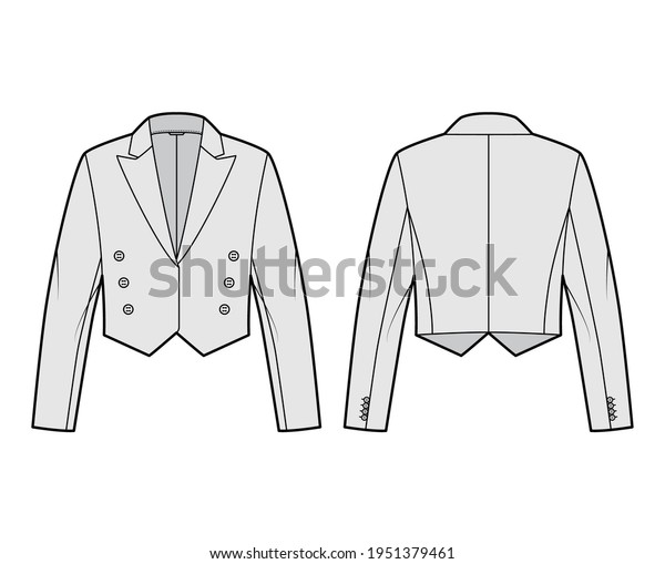 Mess eton jacket spencer technical fashion\
illustration with non-fastening double breast cut, long sleeves,\
crop waist length. Flat coat template front, back, grey color\
style. Women, top CAD\
mockup
