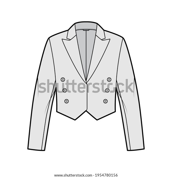 Mess eton jacket spencer technical fashion
illustration with non-fastening double breast cut, long sleeves,
crop waist length. Flat coat template front, grey color style.
Women, men top CAD mockup