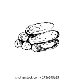 mess of fresh cucumbers. hand drawn ink sketch. vector illustration