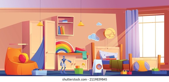 Mess in kids room, messy child bedroom interior with books on unmade bed and scatter toys on carpet. Clutter apartment indoors area with furniture and equipment for games, Cartoon vector illustration