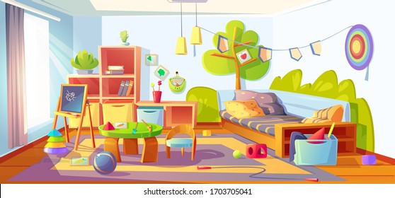 Mess In Kids Room, Messy Empty Child Bedroom Interior With Unmade Bed And Scattered Toys On Carpet. Clutter Apartment Indoors Area With Furniture And Equipment For Games, Cartoon Vector Illustration