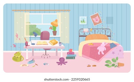 Mess in kids room vector illustration. Cartoon messy dirty bedroom of girl before cleaning, funny toys for game and books, backpack and house plant scattered on floor and furniture of home apartment