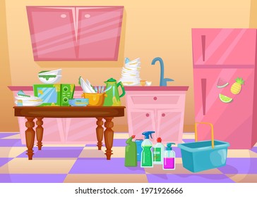 Mess In Kitchen Cartoon Vector Illustration. Dirty Dishes, Plates, Utensils And Detergents In Colorful Kitchen Interior. Cleaning, Mess, Chaos Concept For Banner Design Or Landing Page