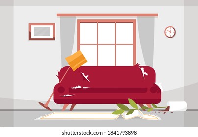 Mess In Living Room Semi Flat Vector Illustration. Bright Room With Huge Window. Shabby Sofa. Fallen Vase With Flower, Rumpled Carpet. Broken Floor Lamp 2D Cartoon Scene For Commercial Use