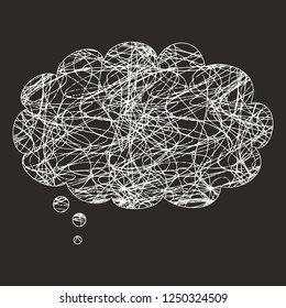 Mess in mind or bad thinking concept vector illustration with chaos in bubble speech on black background