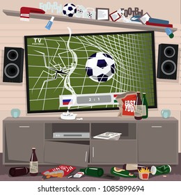 Mess in room of football fan and broken TV after watching soccer championship. Favorite team lose concept. Vector illustration