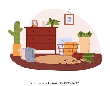 Mess in the room, vector illustration isolated on white background. Interior needing cleaning, house furniture, dresser and house plants, dirty floor. Simple flat cartoon style. Colored objects.