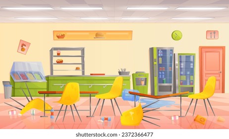 Mess in school canteen after lunch of children vector illustration. Cartoon empty cafeteria hall, messy lunchroom interior with dirty table and overturned chair, puddle of water and garbage on floor