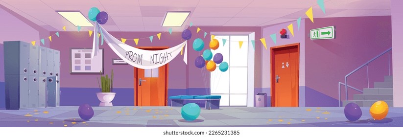 Mess in school hallway after prom night party. Vector cartoon illustration of empty corridor with lockers, colorful confetty scattered on floor, air balloons flying, flag garland hanging on ceiling