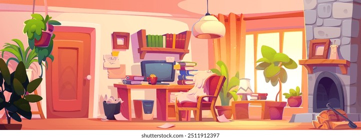 Mess in student's room with fireplace. Vector cartoon illustration of home office workplace with plants, book stacks and folders near desktop computer, papers on floor, room with workspace by window