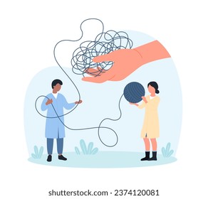 Mess in thoughts, psychology vector illustration. Cartoon patients hand giving tangled knot of threads to tiny people to unravel, doctors, coach or psychologists bring order and untangle string