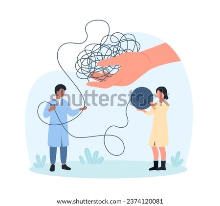 Mess in thoughts, psychology vector illustration. Cartoon patients hand giving tangled knot of threads to tiny people to unravel, doctors, coach or psychologists bring order and untangle string
