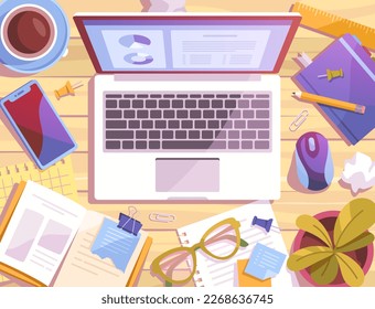 Mess in workplace. Wooden Officer table of employee with scattered documents and notes, cup of coffee, smartphone and laptop with project. Comfortable workspace. Cartoon flat vector illustration
