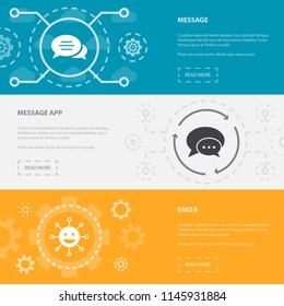 message 3 horizontal webpage banners template with message, message app, emoji concept icons. Flat modern isolated icon illustration.