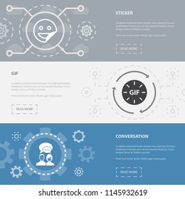 message 3 horizontal webpage banners template with sticker, gif, conversation concept icons. Flat modern isolated icon illustration.