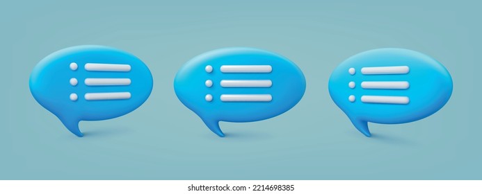 Message 3d bubbles vector icons. Voice speech balloons, different talk boxes. Chat text or thought clouds, dialog comment or notification banners