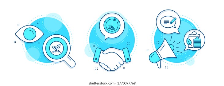 Message, 48 hours and Startup line icons set. Handshake deal, research and promotion complex icons. Bio shopping sign. Speech bubble, Delivery service, Launch project. Leaf. Business set. Vector