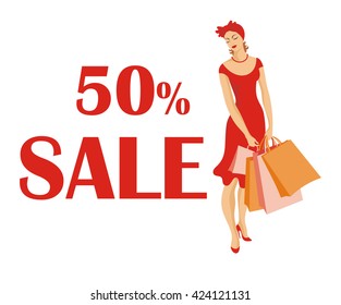 the message 50% sale with a young beautiful woman