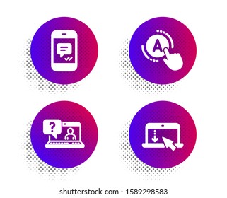 Message, Ab testing and Faq icons simple set. Halftone dots button. Scroll down sign. Phone messenger, A test, Web support. Landing page. Technology set. Classic flat message icon. Vector