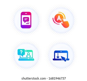 Mensajes, pruebas Ab y iconos Faq conjunto simple. Botón con puntos de tono medio. Desplácese hacia abajo. Mensajero telefónico, Prueba, Soporte Web. Página de inicio. Conjunto tecnológico. Icono de mensaje plano degradado. Vector