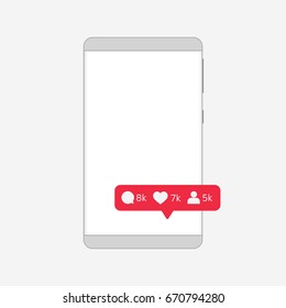 Mensaje sobre nuevos comentarios, me gusta y suscriptores. Esquema de Smartphone sin marco despersonalizado. Pixel perfecto. Gradientes grises. Ilustración vectorial. Vector Eps10. Fondo blanco.