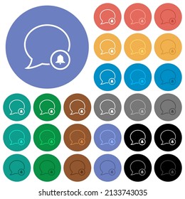 Message alarm outline multi colored flat icons on round backgrounds. Included white, light and dark icon variations for hover and active status effects, and bonus shades.