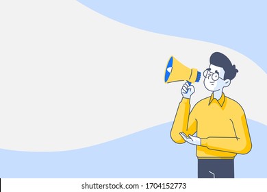 Message and announcement concept. Businessman or male employee holding megaphone and announces his message. Big blank speech bubble on background, vector illustration