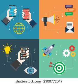 Message app, communication, innovation, competition and business icons. Concepts of message app, communication, innovation digital, competition digital. Flat design icons in vector illustration.