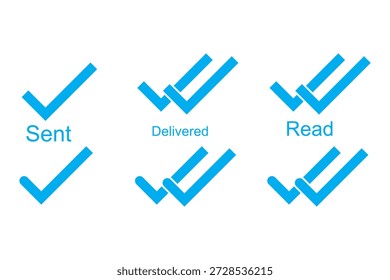 App de mensajes enviado, entregado, conjunto de iconos de lectura. Iconos de marca de verificación de mensaje. Símbolo de doble comprobación. Símbolo de Estado de mensajería. Enviar mensaje tick sign. ilustración de stock