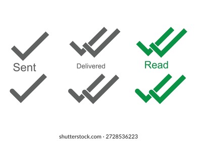 Nachricht App gesendet, geliefert, Icon-Set lesen. Kennzeichensymbole für Nachrichten. Symbol doppelt überprüft. Messaging-Statussymbol. Nachrichtenmarkierungszeichen senden. Stockgrafik