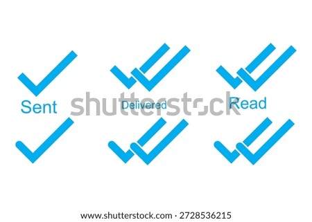 Message app sent, delivered, read icon set. Message check mark icons. Double checked symbol. Messaging status symbol. Send message tick sign. stock illustration